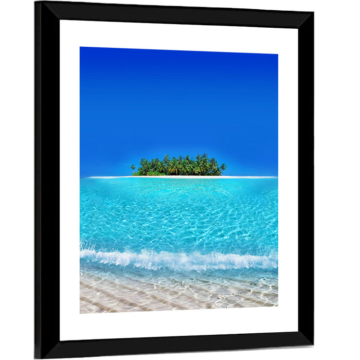 Turquoise Atoll Sandbar with Palm Trees Wall Art as a framed print