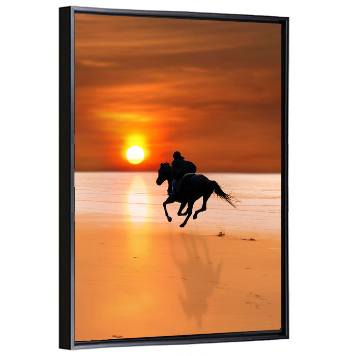 Horse and Rider at Sunset Wall Art as a framed canvas