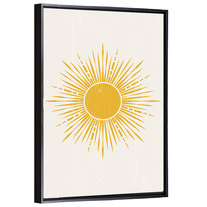 Golden Sunburst Boho Minimalist Wall Art as a framed canvas