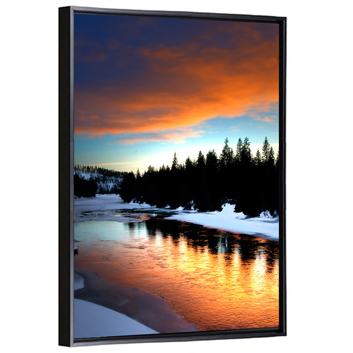 Golden Sunset Over Snowy River Wall Art as a framed canvas