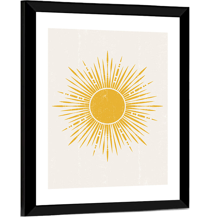 Golden Sunburst Boho Minimalist Wall Art as a framed print