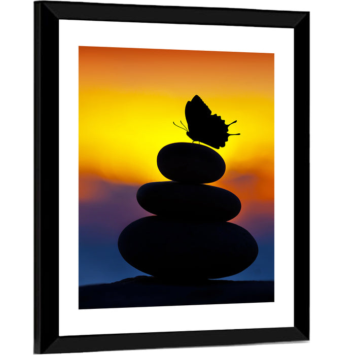 Stacked Spa Stones with Butterfly Wall Art as a framed print