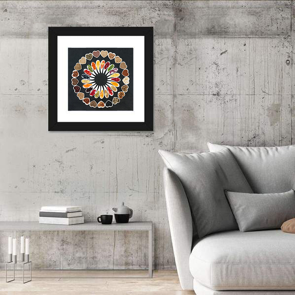 Circular Heart Bowls of Fresh Ingredients Wall Art in a room, square