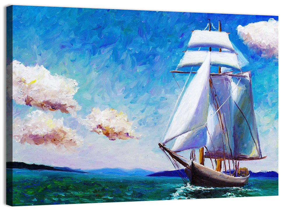 Sailboat with White Sails Seascape Wall Art