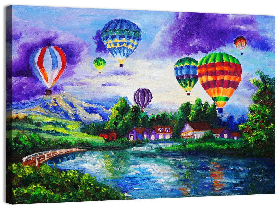 Vibrant Hot Air Balloons Over Lake Wall Art, canvas print, landscape