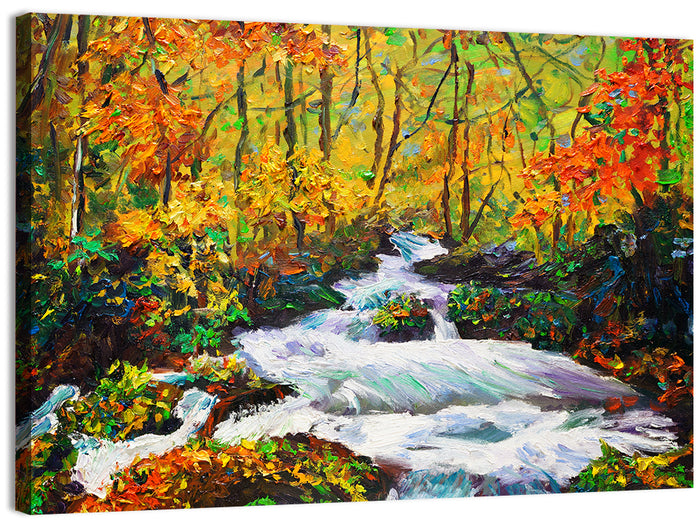 Autumn Forest Stream with Rapids Wall Art as a canvas print