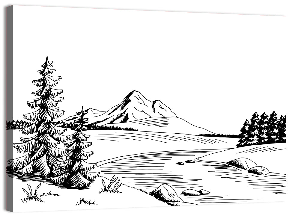 Pine, Peak and River Line Wall Art, canvas print, landscape
