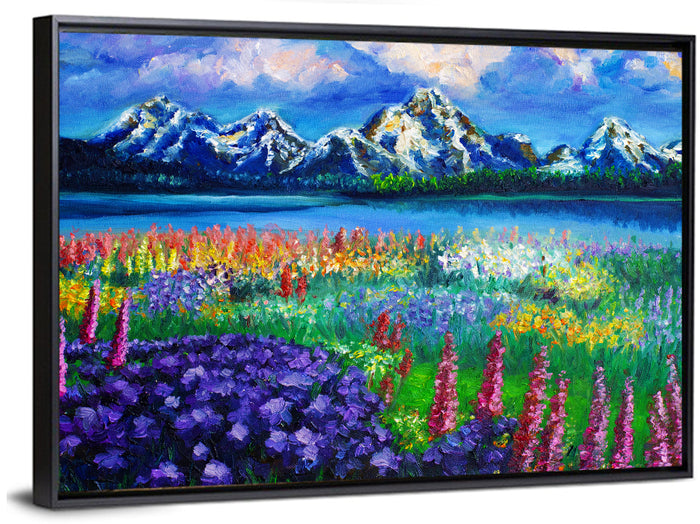 Alpine Lupine Meadow Landscape Wall Art as a framed canvas