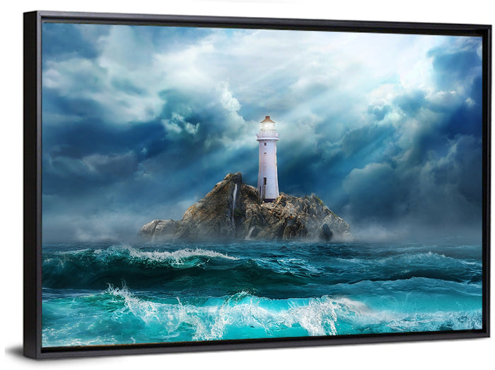 Rocky Island Lighthouse Wall Art as a framed canvas