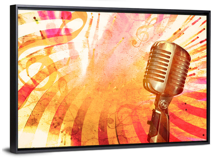Vintage Microphone Orange Burst Wall Art as a framed canvas