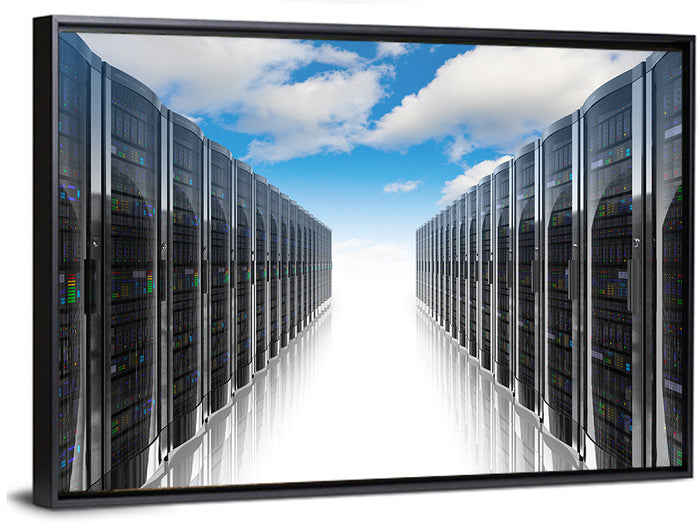 Data Center Corridor Cloudscape Wall Art as a framed canvas