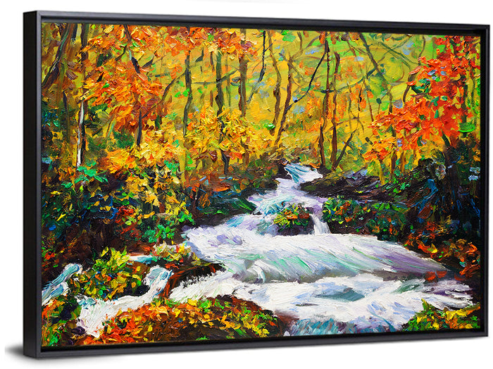 Autumn Forest Stream with Rapids Wall Art as a framed canvas