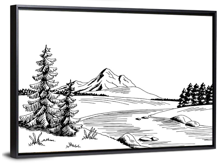 Pine, Peak and River Line Wall Art as a framed canvas