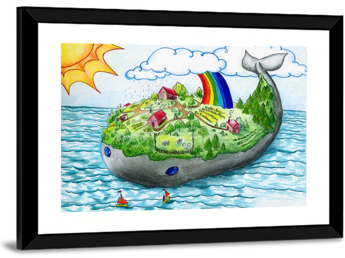 Whale Island Illustration Wall Art as a framed print