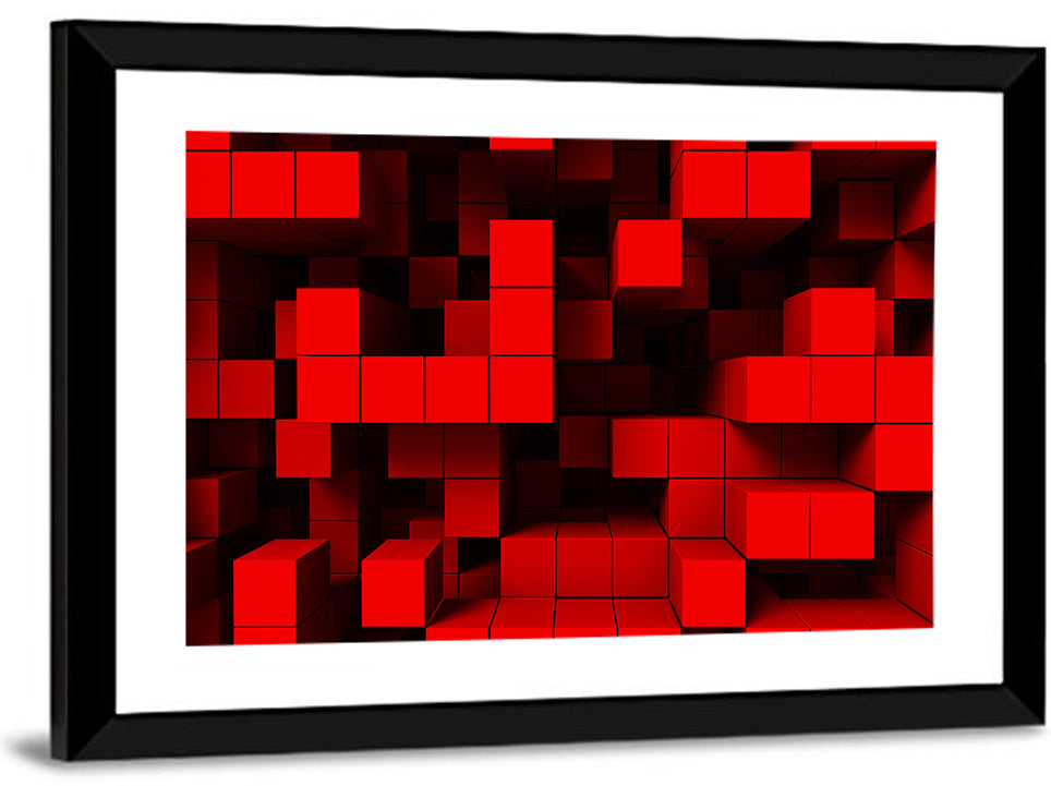Crimson Cubes Geometric Pattern Wall Art