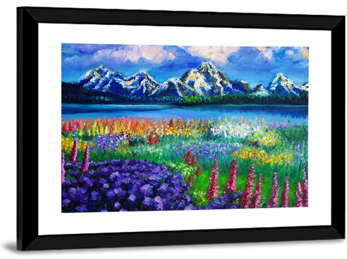 Alpine Lupine Meadow Landscape Wall Art as a framed print