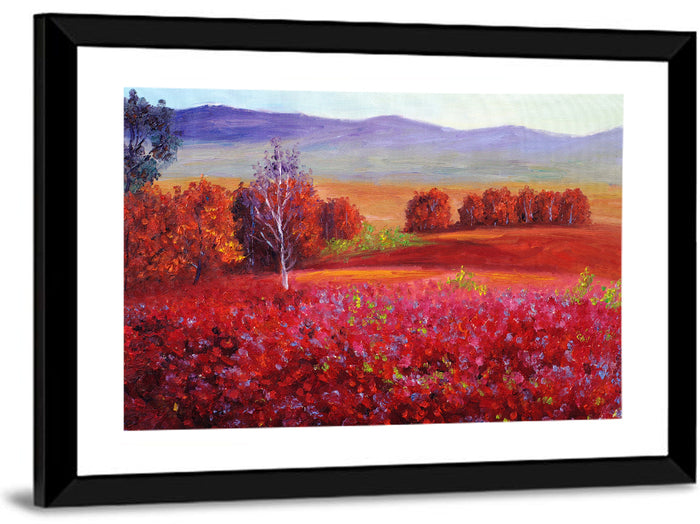 Red Autumn Landscape Wall Art as a framed print