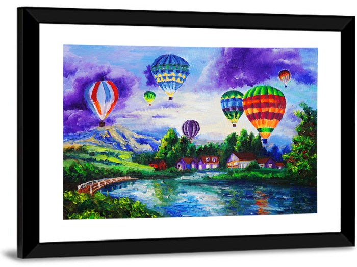 Vibrant Hot Air Balloons Over Lake Wall Art as a framed print