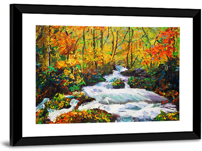 Autumn Forest Stream with Rapids Wall Art as a framed print
