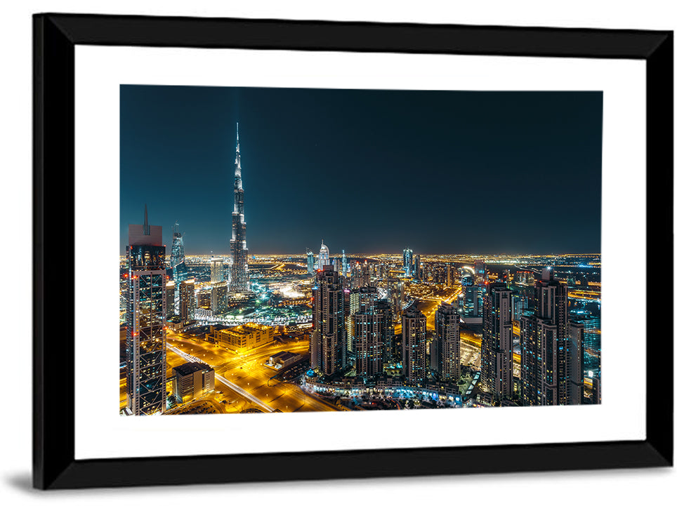 Dubai Night Skyline with Burj Khalifa Wall Art