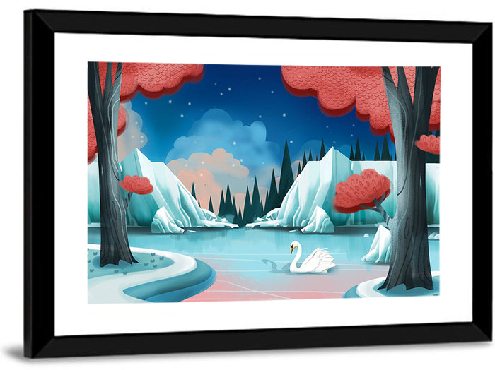 Swan Lake Twilight Illustration Wall Art as a framed print