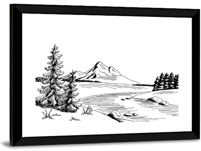 Pine, Peak and River Line Wall Art as a framed print