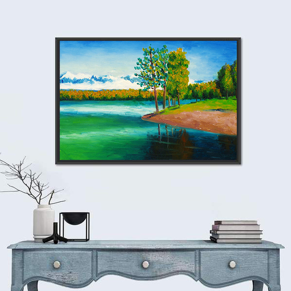 Autumn Lake Reflection Wall Art in a room, landscape