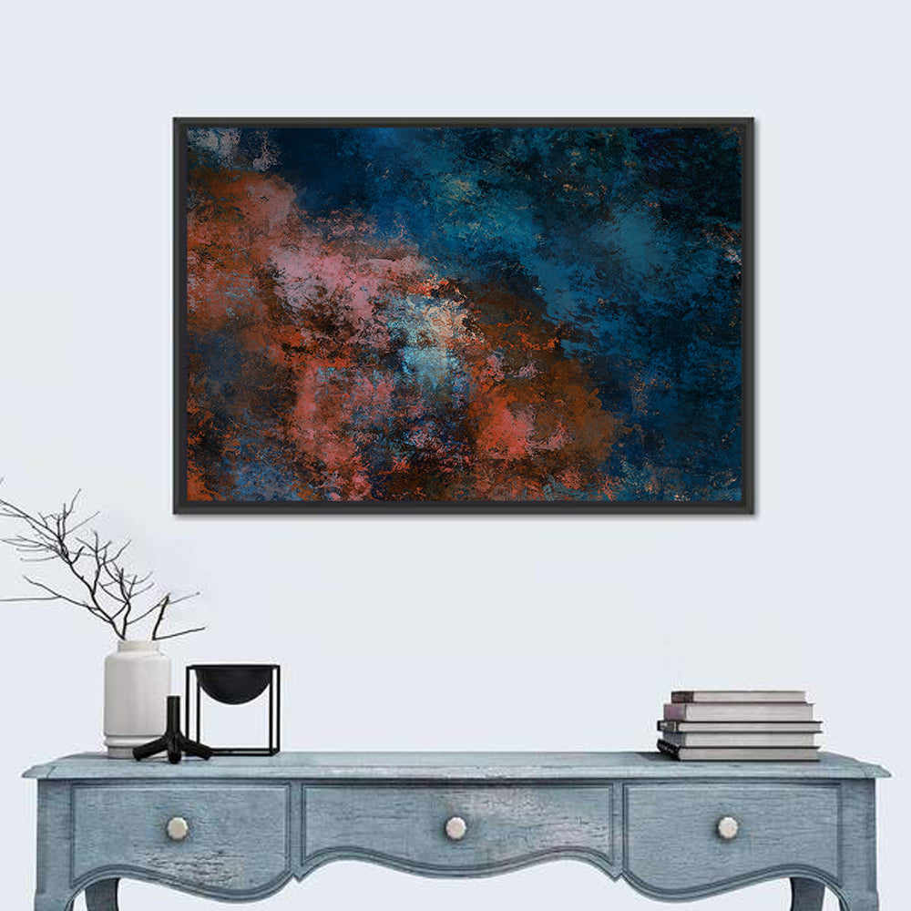 Blue to Rust Color Field Wall Art in a room, landscape