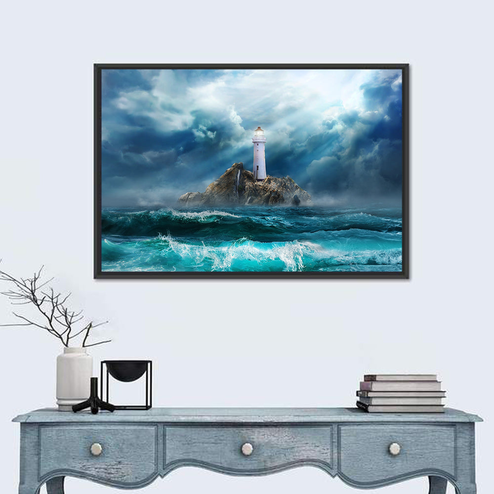 Rocky Island Lighthouse Wall Art in a room, landscape