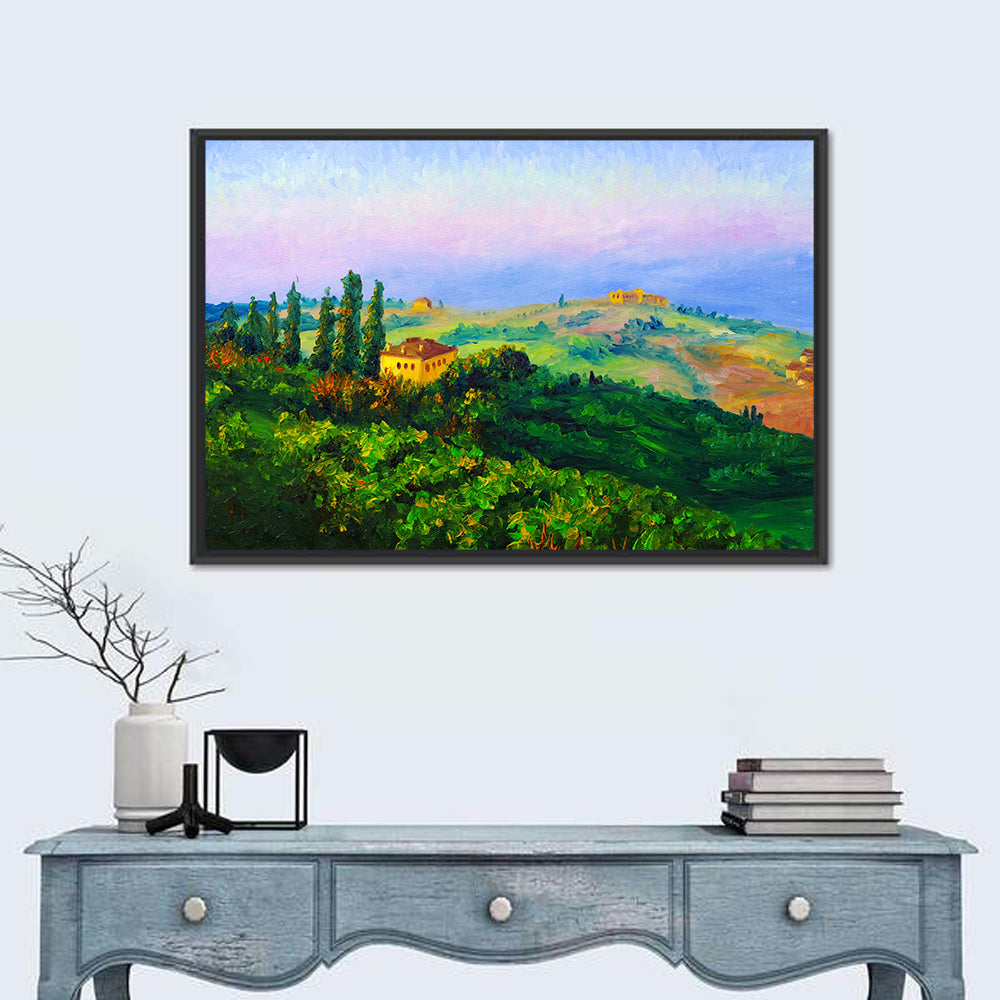 Tuscany Twilight Villa Wall Art in a room, landscape