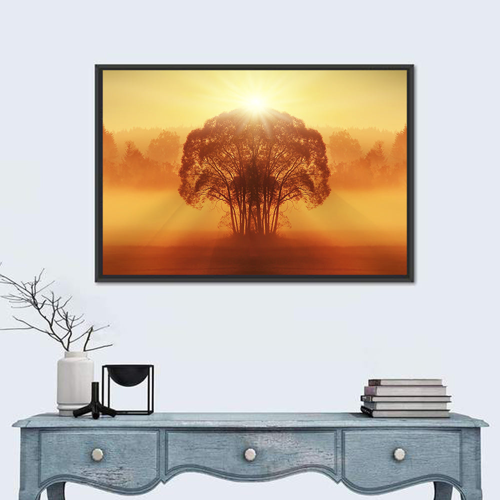 Golden Haze Tree at Sunset Wall Art in a room, landscape