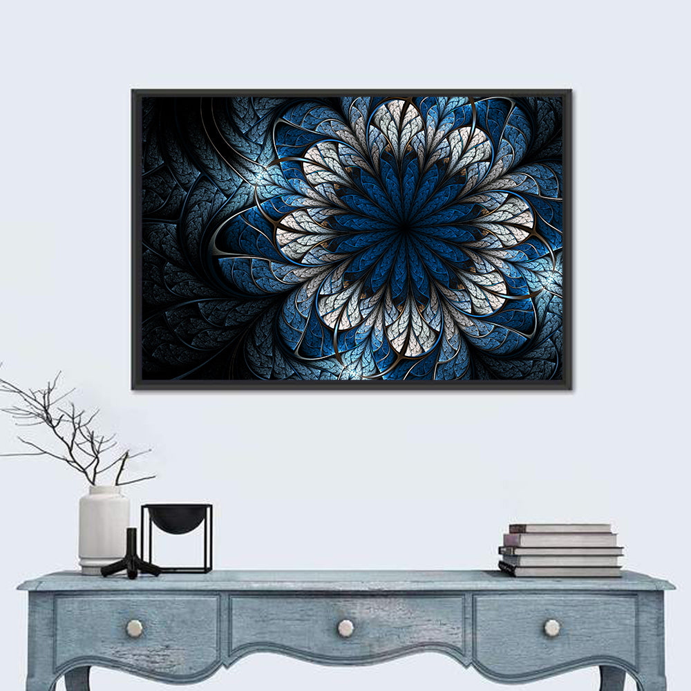 Blue Fractal Flower Wall Art in a room, landscape