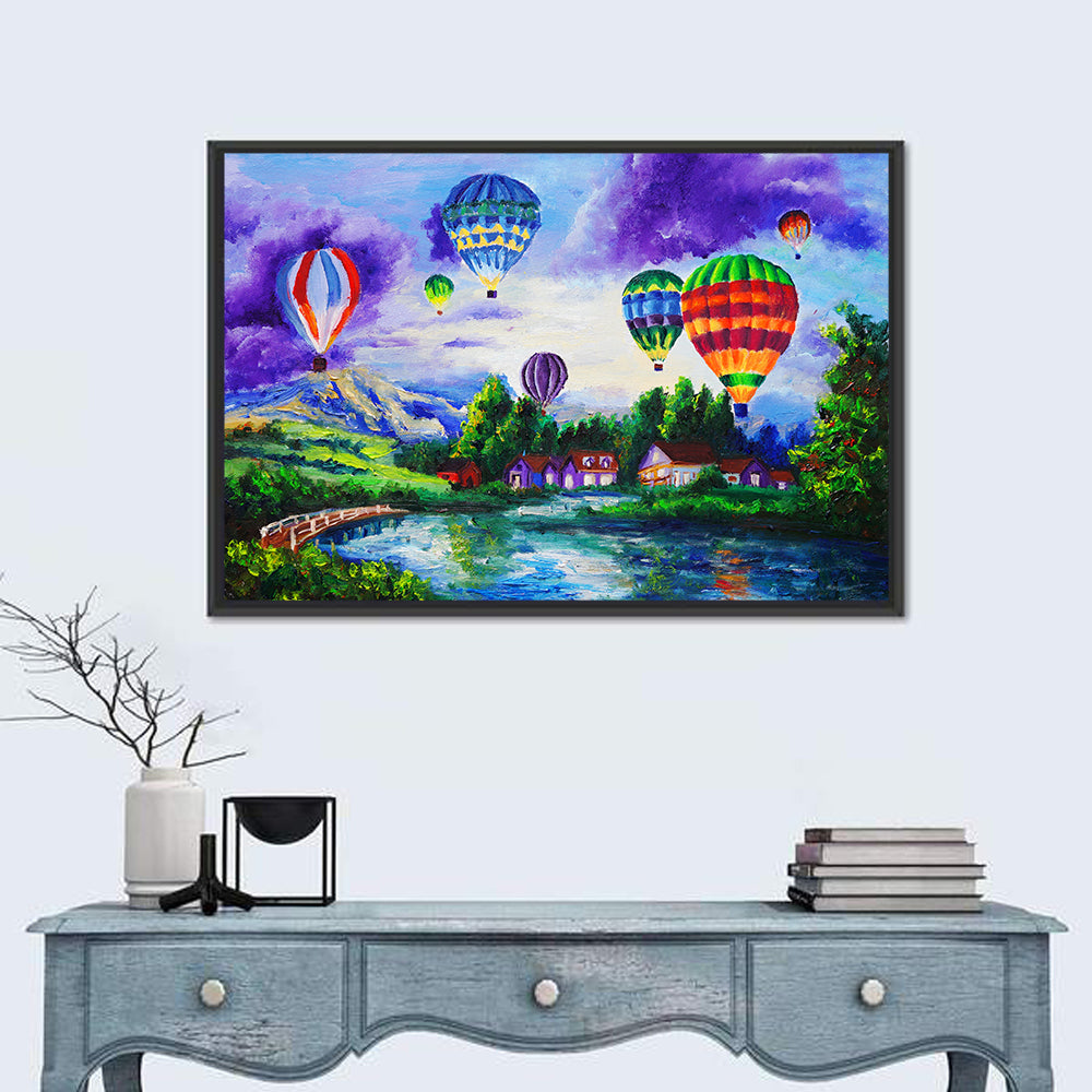 Vibrant Hot Air Balloons Over Lake Wall Art