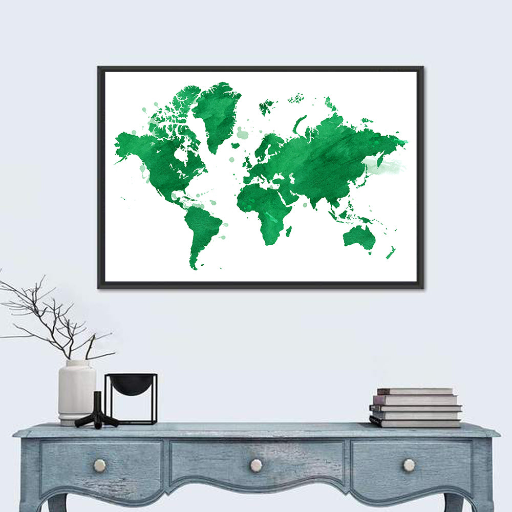 Green Watercolor World Map Wall Art