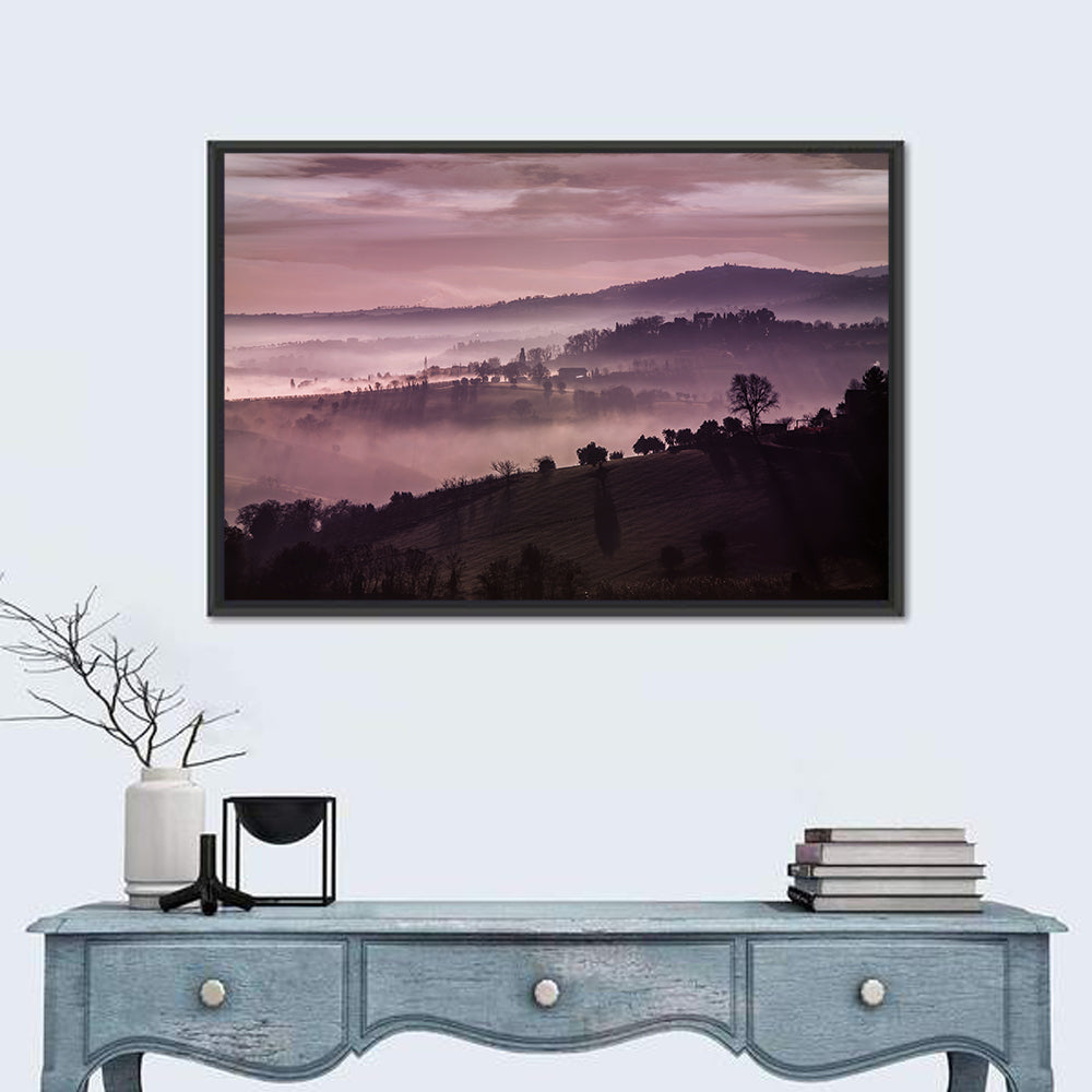 Misty Lavender Hills Wall Art in a room, landscape