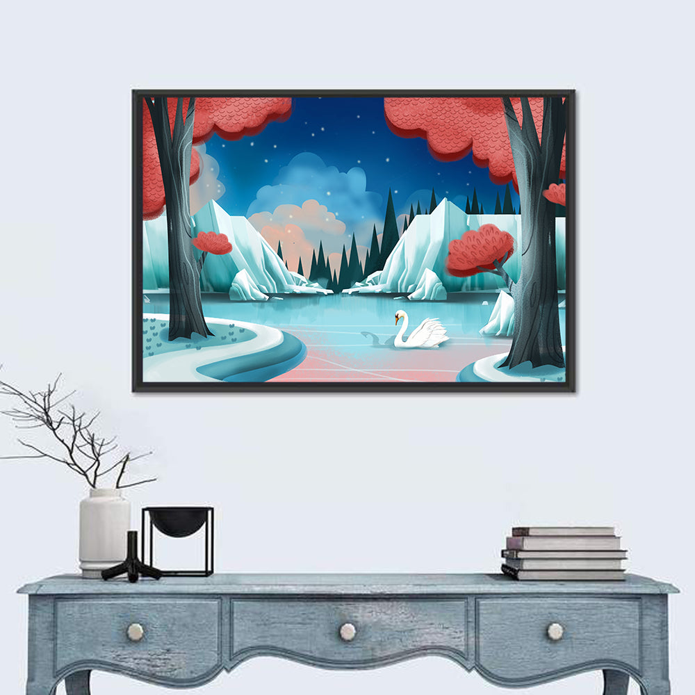 Swan Lake Twilight Illustration Wall Art in a room, landscape