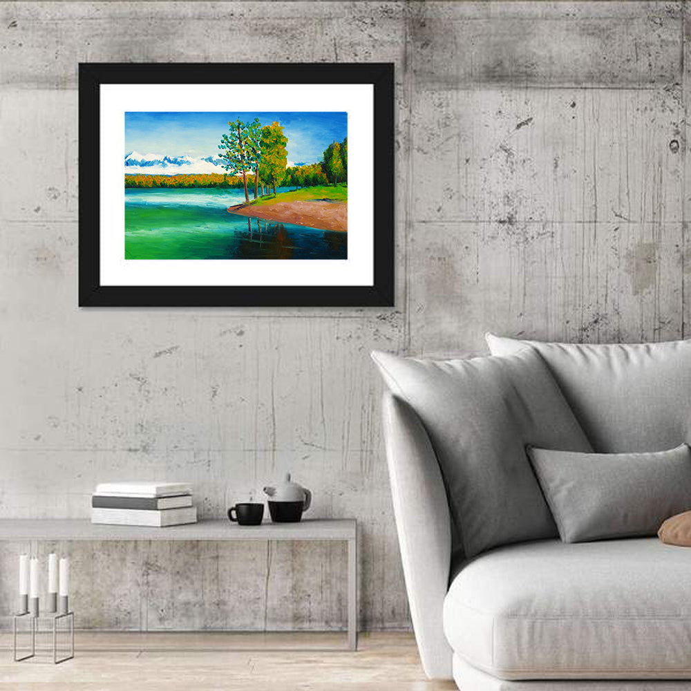 Autumn Lake Reflection Wall Art in a room, landscape