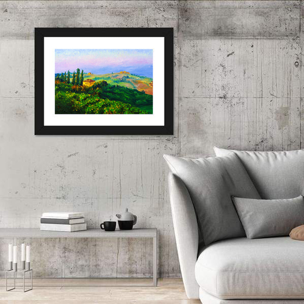 Tuscany Twilight Villa Wall Art in a room, landscape