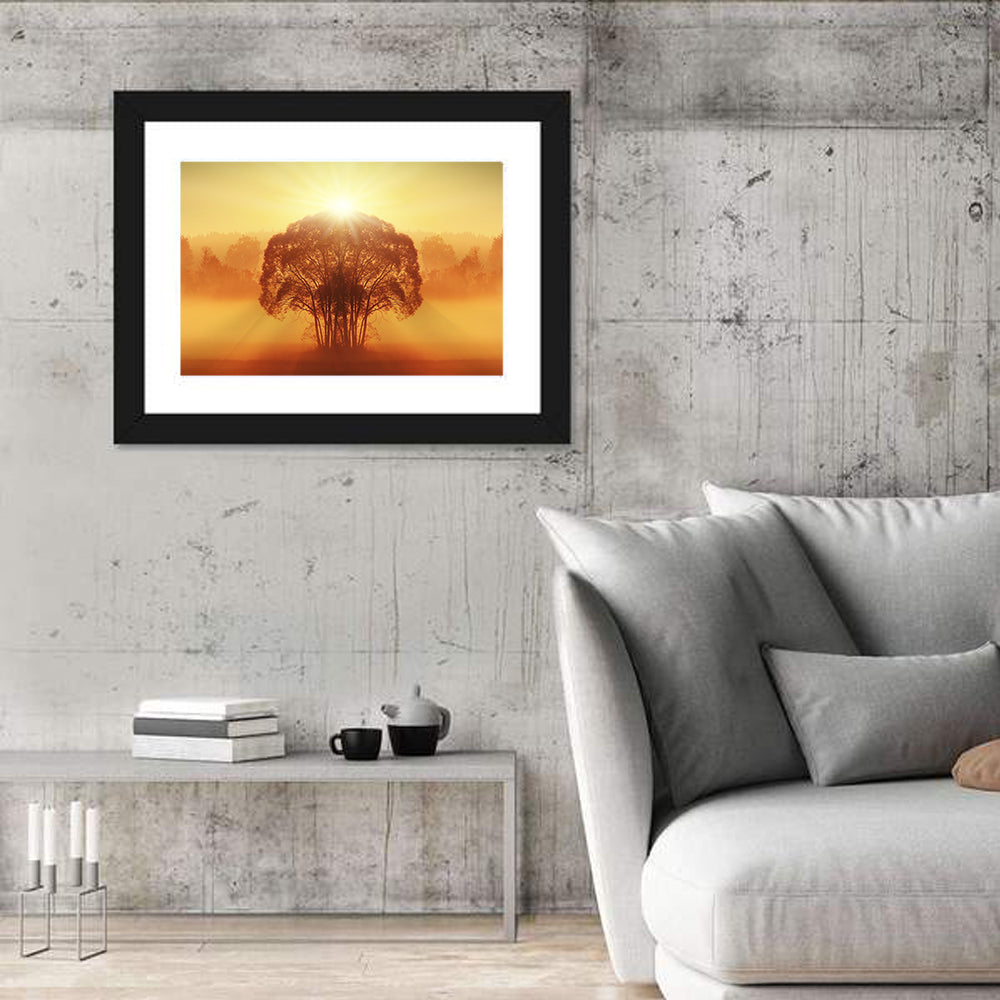 Golden Haze Tree at Sunset Wall Art in a room, landscape
