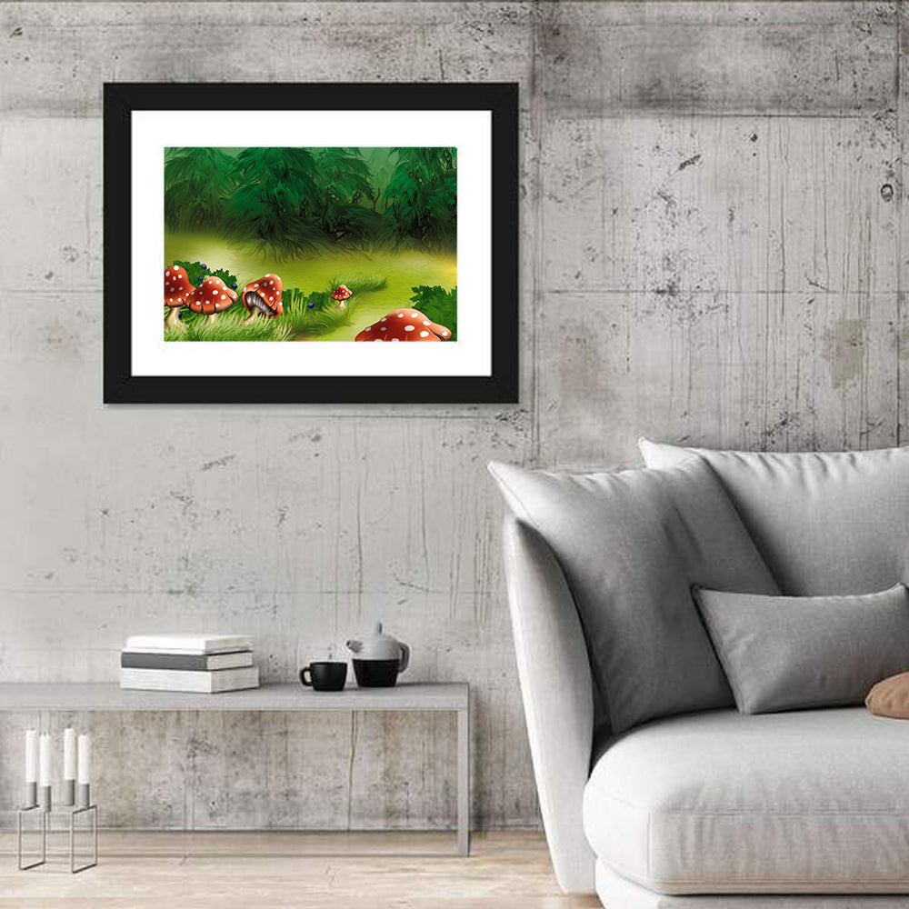 Fly Agarics Illustration Wall Art in a room, landscape