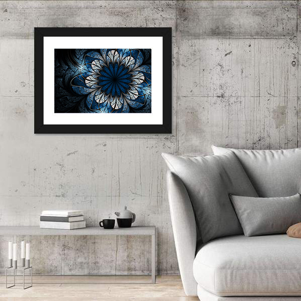 Blue Fractal Flower Wall Art in a room, landscape