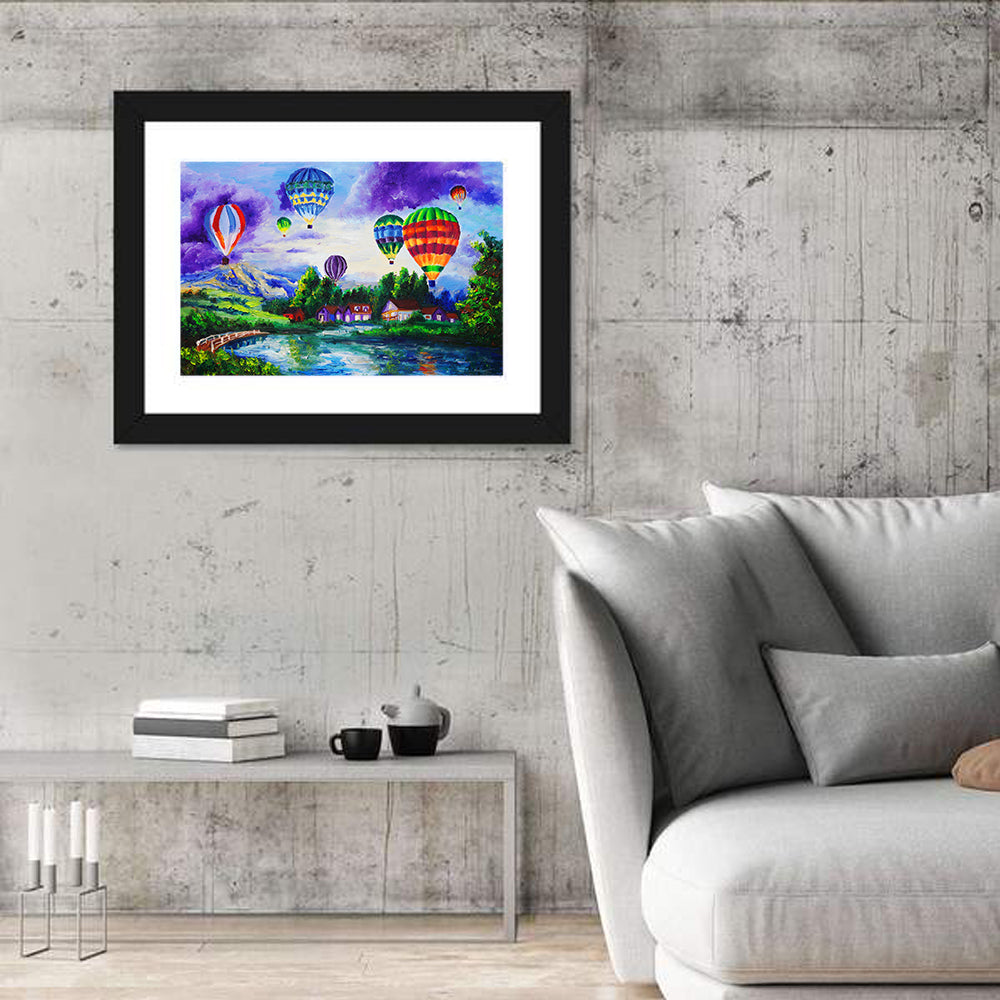 Vibrant Hot Air Balloons Over Lake Wall Art in a room, landscape