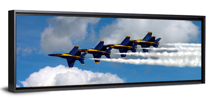 Blue and Gold Fighter Jets Wall Art as a framed canvas