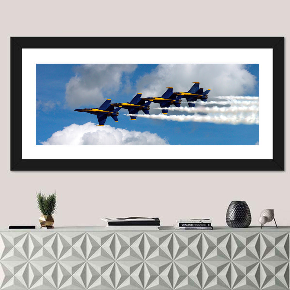 Blue and Gold Fighter Jets Wall Art in a room, panoramic