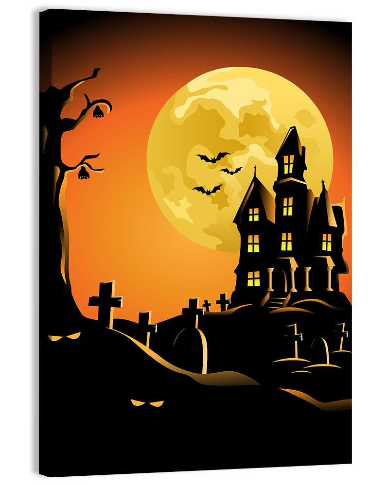 Haunted House Under Full Moon Wall Art, canvas print, portrait