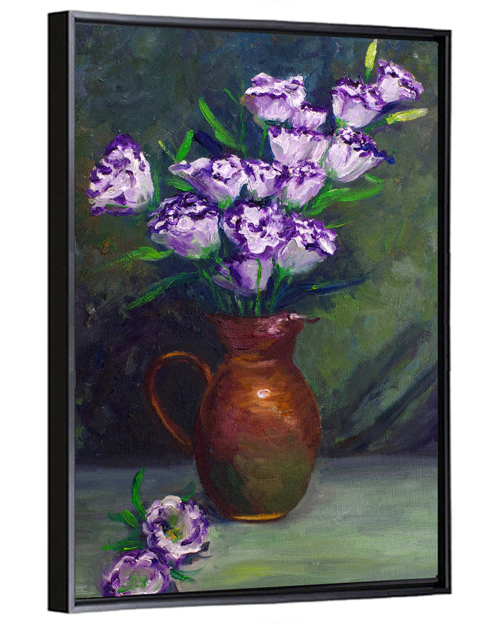 Balloon Flowers in Copper Pitcher Wall Art as a framed canvas