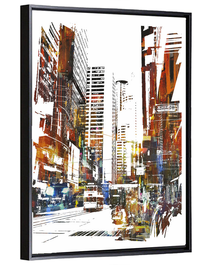 Urban Street with Double-decker Bus Wall Art as a framed canvas