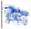 Snowy Village Watercolor Scene Wall Art