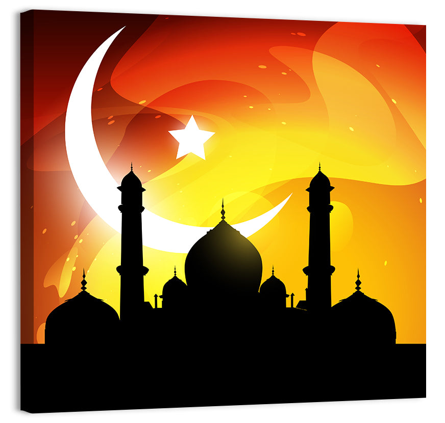 Moonlit Mosque Silhouette Illustration Wall Art