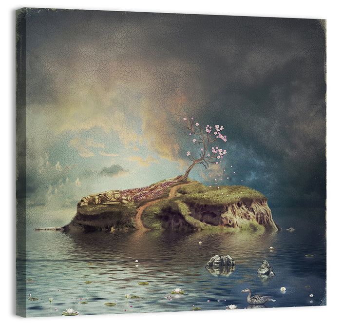 Cherry Blossom Island Reflection Wall Art as a canvas print